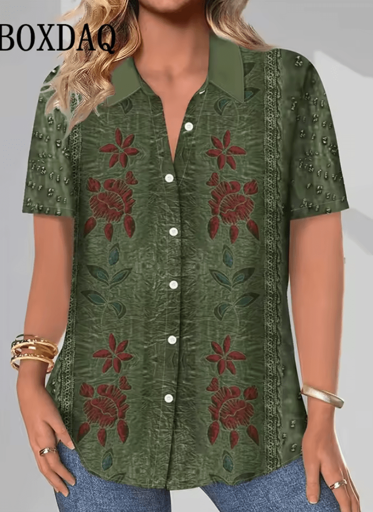 Women’s Retro Floral Print Short Sleeve Shirt – Casual Loose Button-Up Blouse with Lapel Collar