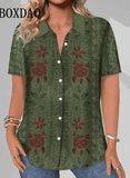 Women’s Retro Floral Print Short Sleeve Shirt – Casual Loose Button-Up Blouse with Lapel Collar