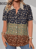 Women’s Retro Floral Print Short Sleeve Shirt – Casual Loose Button-Up Blouse with Lapel Collar