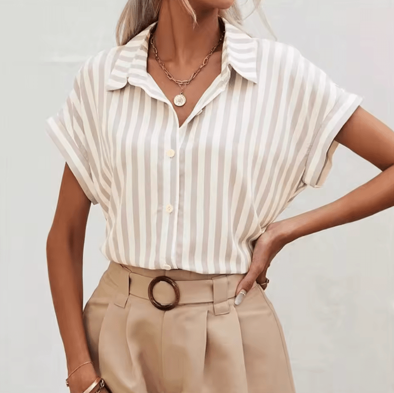 Elegant Striped Shirt for Women – 2025 Spring Summer Lapel Blouse, Single-Breasted Vintage-Inspired Casual Top