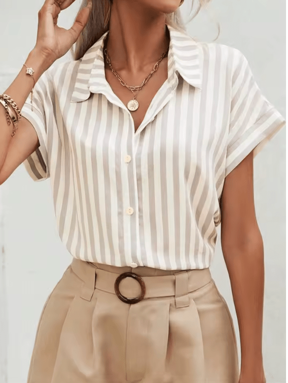 Elegant Striped Shirt for Women – 2025 Spring Summer Lapel Blouse, Single-Breasted Vintage-Inspired Casual Top