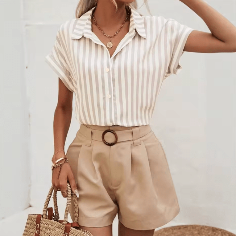 Elegant Striped Shirt for Women – 2025 Spring Summer Lapel Blouse, Single-Breasted Vintage-Inspired Casual Top