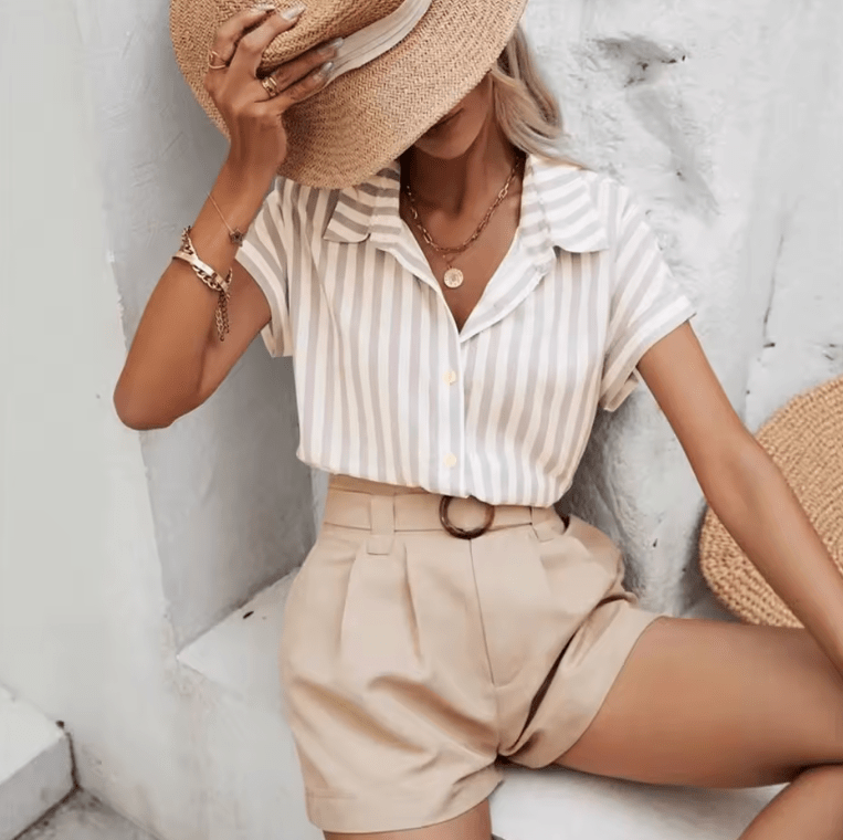 Elegant Striped Shirt for Women – 2025 Spring Summer Lapel Blouse, Single-Breasted Vintage-Inspired Casual Top