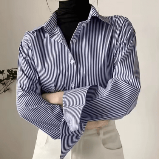 2025 Autumn Women’s Blue Striped Shirt – Slim Fit, Long Sleeves, Office-Ready Elegance
