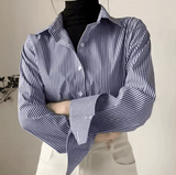 2025 Autumn Women’s Blue Striped Shirt – Slim Fit, Long Sleeves, Office-Ready Elegance