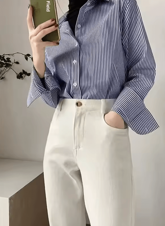 2025 Autumn Women’s Blue Striped Shirt – Slim Fit, Long Sleeves, Office-Ready Elegance