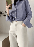 2025 Autumn Women’s Blue Striped Shirt – Slim Fit, Long Sleeves, Office-Ready Elegance