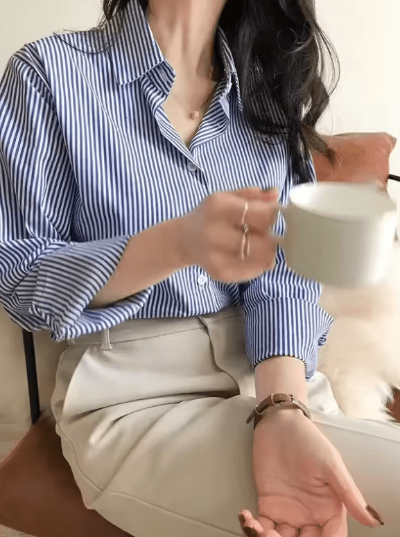 2025 Autumn Women’s Blue Striped Shirt – Slim Fit, Long Sleeves, Office-Ready Elegance