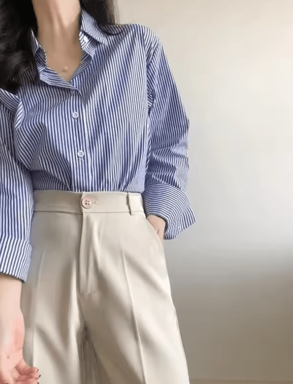 2025 Autumn Women’s Blue Striped Shirt – Slim Fit, Long Sleeves, Office-Ready Elegance