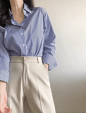 2025 Autumn Women’s Blue Striped Shirt – Slim Fit, Long Sleeves, Office-Ready Elegance