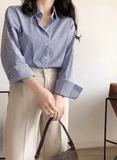 2025 Autumn Women’s Blue Striped Shirt – Slim Fit, Long Sleeves, Office-Ready Elegance