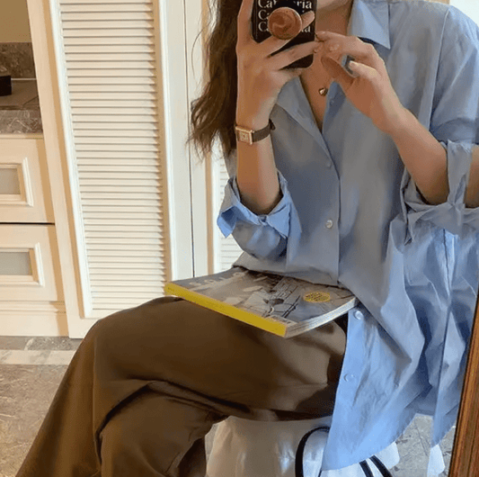 Blue Long Sleeve Women’s Shirt – Slimming Loose Fit, Hong Kong Style Outerwear for Spring & Autumn