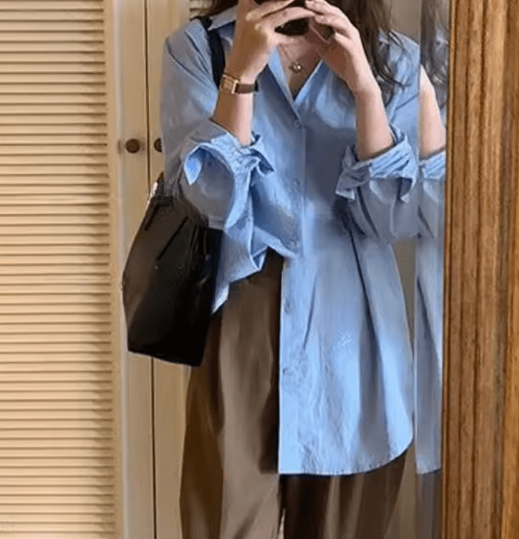 Blue Long Sleeve Women’s Shirt – Slimming Loose Fit, Hong Kong Style Outerwear for Spring & Autumn
