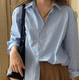 Blue Long Sleeve Women’s Shirt – Slimming Loose Fit, Hong Kong Style Outerwear for Spring & Autumn