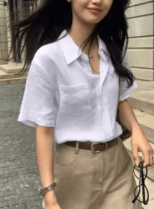 Women’s Linen Short Sleeve Shirt – Casual Loose Fit, Summer Button-Up Top for Commuting & Everyday Style