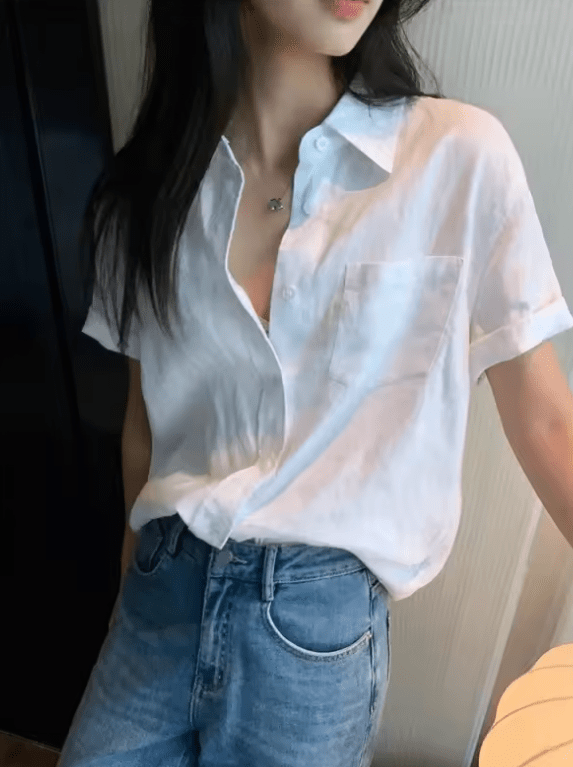 Women’s Linen Short Sleeve Shirt – Casual Loose Fit, Summer Button-Up Top for Commuting & Everyday Style
