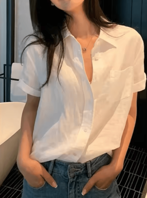 Women’s Linen Short Sleeve Shirt – Casual Loose Fit, Summer Button-Up Top for Commuting & Everyday Style