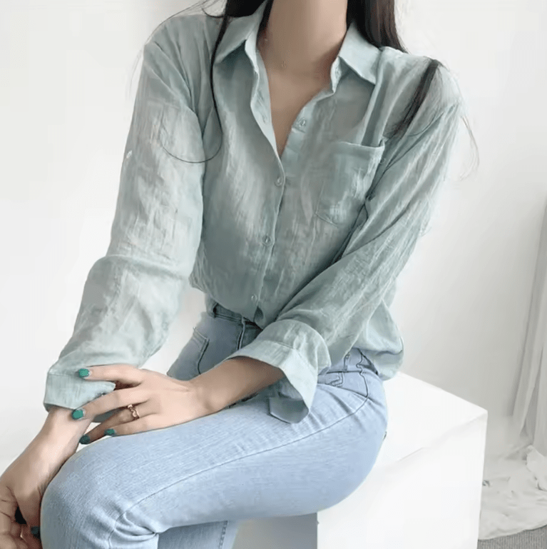 Korean Chic Women’s Summer Shirt – Ice Cream Color, Lightweight Long Sleeve, Slim Fit, Sun Protection, Polo Collar