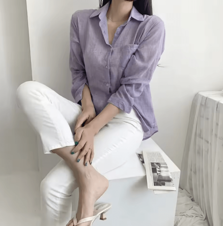 Korean Chic Women’s Summer Shirt – Ice Cream Color, Lightweight Long Sleeve, Slim Fit, Sun Protection, Polo Collar
