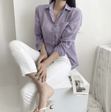 Korean Chic Women’s Summer Shirt – Ice Cream Color, Lightweight Long Sleeve, Slim Fit, Sun Protection, Polo Collar
