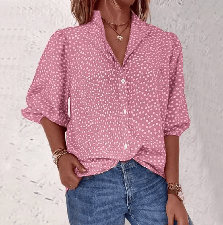 Loose Women’s Summer Shirt – Half Sleeve, Button-Decorated, Flock Pattern, Fashionable Cardigan-Style for Commuting