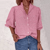 Loose Women’s Summer Shirt – Half Sleeve, Button-Decorated, Flock Pattern, Fashionable Cardigan-Style for Commuting