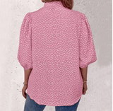 Loose Women’s Summer Shirt – Half Sleeve, Button-Decorated, Flock Pattern, Fashionable Cardigan-Style for Commuting