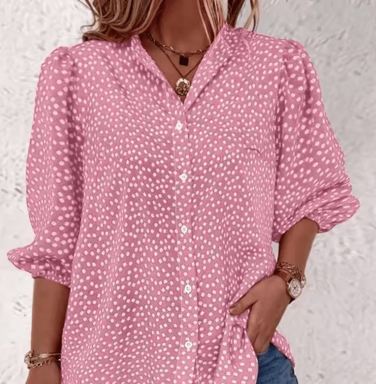 Loose Women’s Summer Shirt – Half Sleeve, Button-Decorated, Flock Pattern, Fashionable Cardigan-Style for Commuting