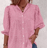 Loose Women’s Summer Shirt – Half Sleeve, Button-Decorated, Flock Pattern, Fashionable Cardigan-Style for Commuting