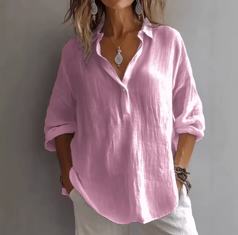 Women’s Linen V-Neck Shirt – Loose Long Sleeve, Button-Up, Pure Color, Casual & Comfortable Fit for Spring/Summer