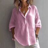 Women’s Linen V-Neck Shirt – Loose Long Sleeve, Button-Up, Pure Color, Casual & Comfortable Fit for Spring/Summer