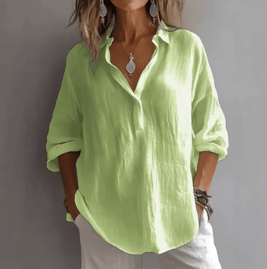 Women’s Linen V-Neck Shirt – Loose Long Sleeve, Button-Up, Pure Color, Casual & Comfortable Fit for Spring/Summer