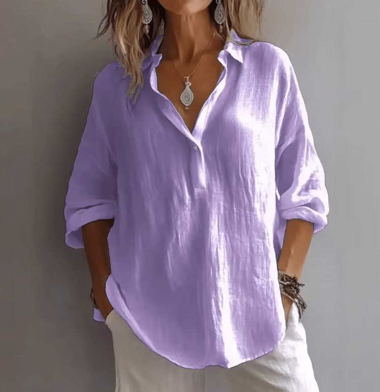 Women’s Linen V-Neck Shirt – Loose Long Sleeve, Button-Up, Pure Color, Casual & Comfortable Fit for Spring/Summer