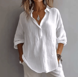 Women’s Linen V-Neck Shirt – Loose Long Sleeve, Button-Up, Pure Color, Casual & Comfortable Fit for Spring/Summer