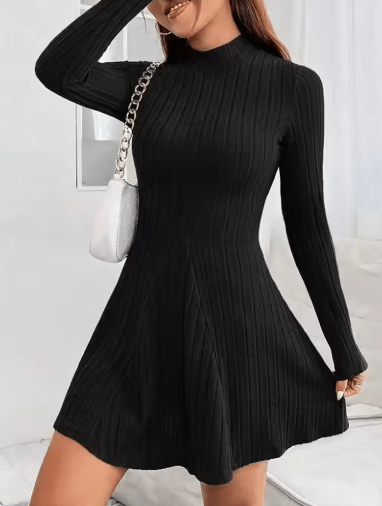 Women’s Slim Fit Long Sleeve A-Line Dress – Half High Collar, Cinched Waist, Ribbed Stripe Design – Elegant Casual Outfit for Office, Party, or Fall/Winter Wear