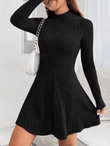 Women’s Slim Fit Long Sleeve A-Line Dress – Half High Collar, Cinched Waist, Ribbed Stripe Design – Elegant Casual Outfit for Office, Party, or Fall/Winter Wear