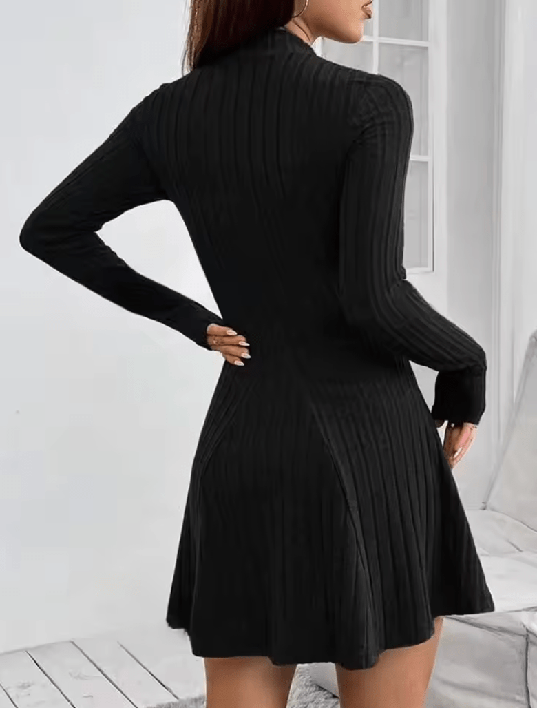 Women’s Slim Fit Long Sleeve A-Line Dress – Half High Collar, Cinched Waist, Ribbed Stripe Design – Elegant Casual Outfit for Office, Party, or Fall/Winter Wear