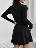 Women’s Slim Fit Long Sleeve A-Line Dress – Half High Collar, Cinched Waist, Ribbed Stripe Design – Elegant Casual Outfit for Office, Party, or Fall/Winter Wear