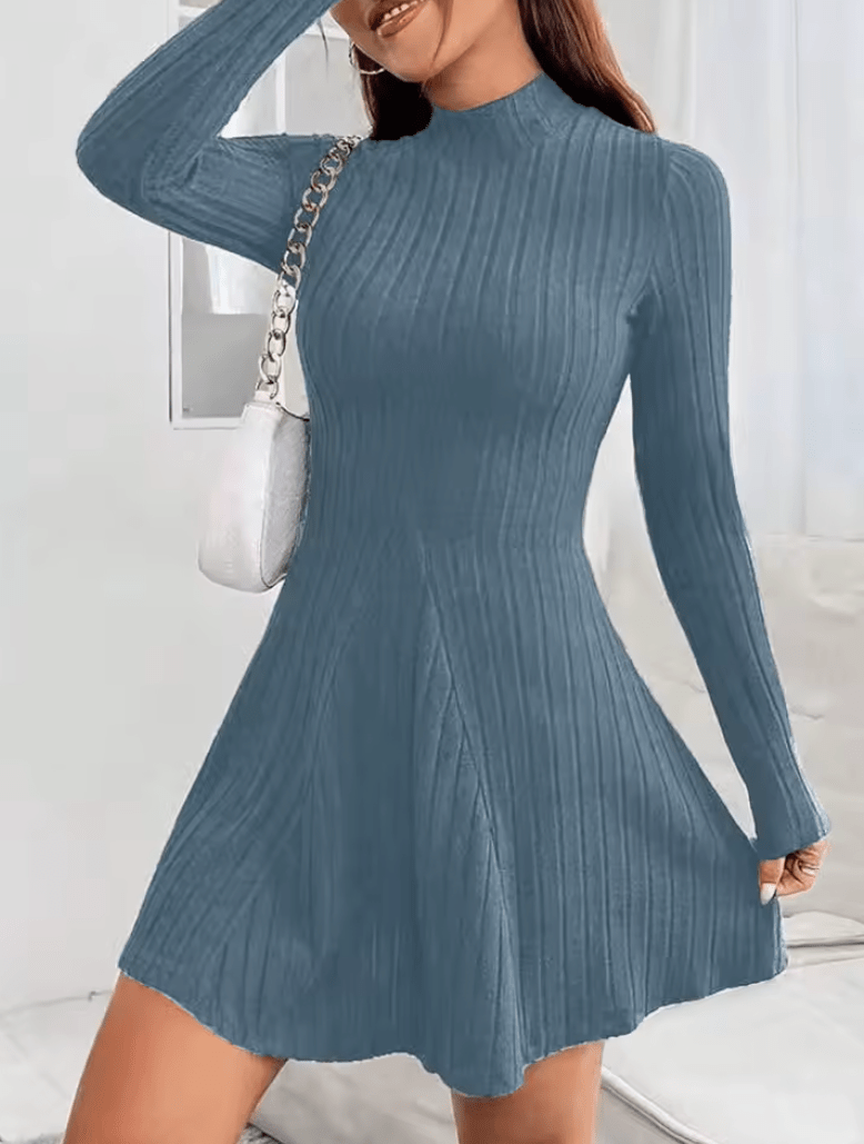 Women’s Slim Fit Long Sleeve A-Line Dress – Half High Collar, Cinched Waist, Ribbed Stripe Design – Elegant Casual Outfit for Office, Party, or Fall/Winter Wear