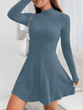 Women’s Slim Fit Long Sleeve A-Line Dress – Half High Collar, Cinched Waist, Ribbed Stripe Design – Elegant Casual Outfit for Office, Party, or Fall/Winter Wear