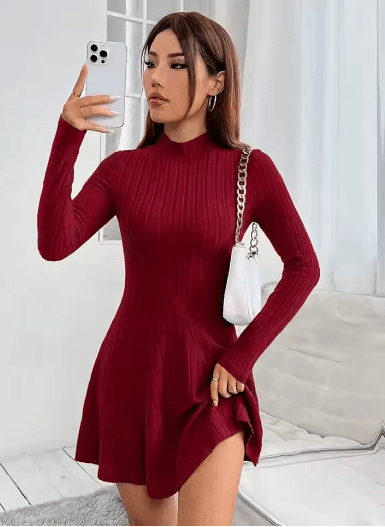 Women’s Slim Fit Long Sleeve A-Line Dress – Half High Collar, Cinched Waist, Ribbed Stripe Design – Elegant Casual Outfit for Office, Party, or Fall/Winter Wear