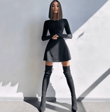 Women’s Elegant V-Neck Long Sleeve Mini Dress – Slim Fit, Solid Black, Sexy Spring Short Dress for Party, Date Night, or Casual Chic Outfits