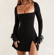 Women’s Sexy Black Bodycon Mini Dress – Long Sleeve, Square Neck, High Waist with Side Slit – Slim Fit Solid Color Club Dress for Night Out or Party