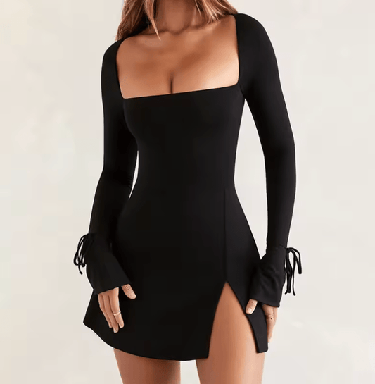 Women’s Sexy Black Bodycon Mini Dress – Long Sleeve, Square Neck, High Waist with Side Slit – Slim Fit Solid Color Club Dress for Night Out or Party
