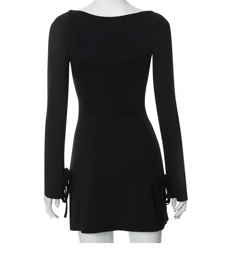 Women’s Sexy Black Bodycon Mini Dress – Long Sleeve, Square Neck, High Waist with Side Slit – Slim Fit Solid Color Club Dress for Night Out or Party