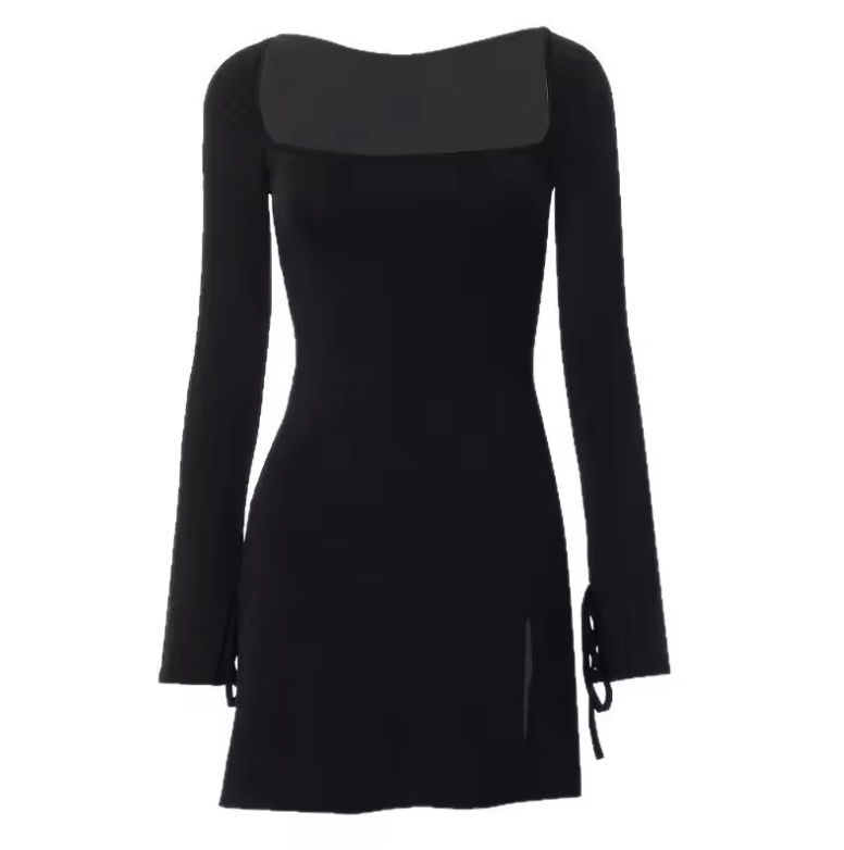 Women’s Sexy Black Bodycon Mini Dress – Long Sleeve, Square Neck, High Waist with Side Slit – Slim Fit Solid Color Club Dress for Night Out or Party