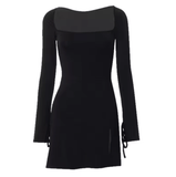 Women’s Sexy Black Bodycon Mini Dress – Long Sleeve, Square Neck, High Waist with Side Slit – Slim Fit Solid Color Club Dress for Night Out or Party