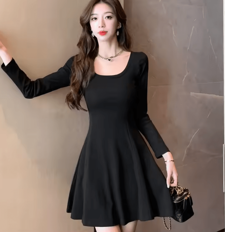 Women’s Slim Fit A-Line Mini Dress – Hebe Style, U-Neck, Long Sleeve, High Waist Black Dress for Sexy & Elegant Looks