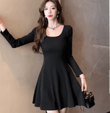 Women’s Slim Fit A-Line Mini Dress – Hebe Style, U-Neck, Long Sleeve, High Waist Black Dress for Sexy & Elegant Looks