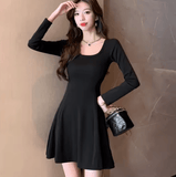 Women’s Slim Fit A-Line Mini Dress – Hebe Style, U-Neck, Long Sleeve, High Waist Black Dress for Sexy & Elegant Looks